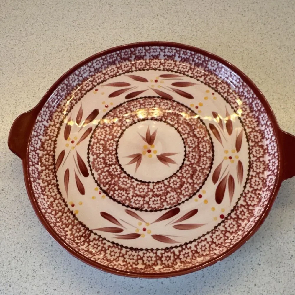 Temp-tations Old World Ceramic Round 2 qt Baking Dish, Oven Safe, Red/White
